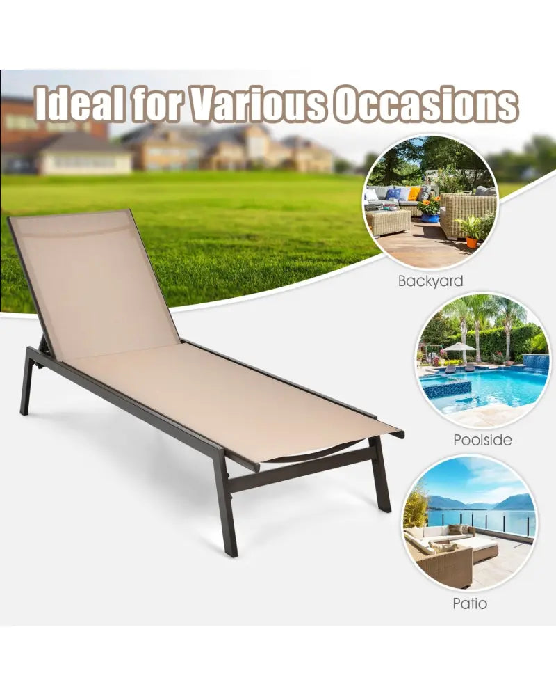 Outdoor Reclining Chaise Lounge Chair with 6-Position Adjustable Back-Brown - Brown - Outdoor Chaise Lounges