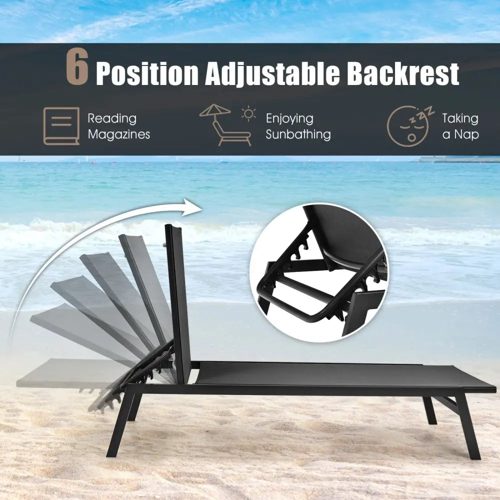 Outdoor Reclining Chaise Lounge Chair with 6-Position Adjustable Back-Black - Black - Outdoor Chaise Lounges