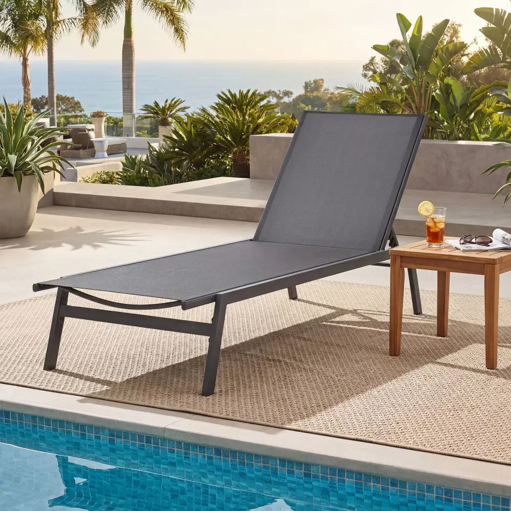 Outdoor Reclining Chaise Lounge Chair with 6-Position Adjustable Back-Gray - Gray - Outdoor Chaise Lounges