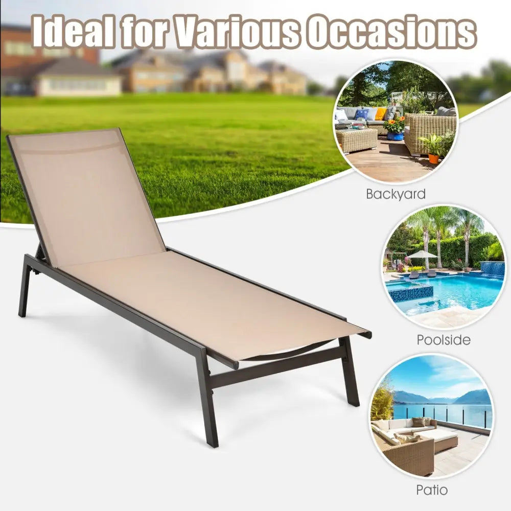 Outdoor Reclining Chaise Lounge Chair with 6-Position Adjustable Back-Brown - Brown - Outdoor Chaise Lounges