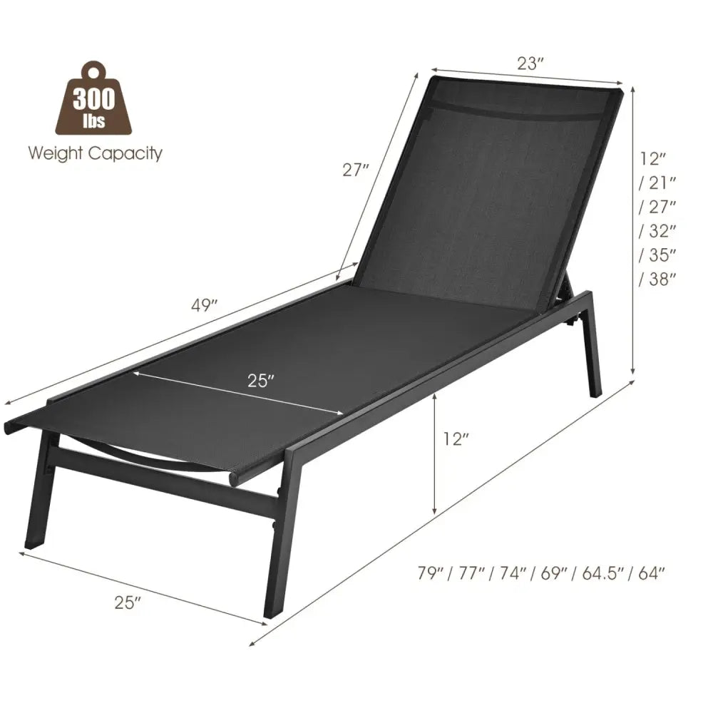 Outdoor Reclining Chaise Lounge Chair with 6-Position Adjustable Back-Black - Black - Outdoor Chaise Lounges