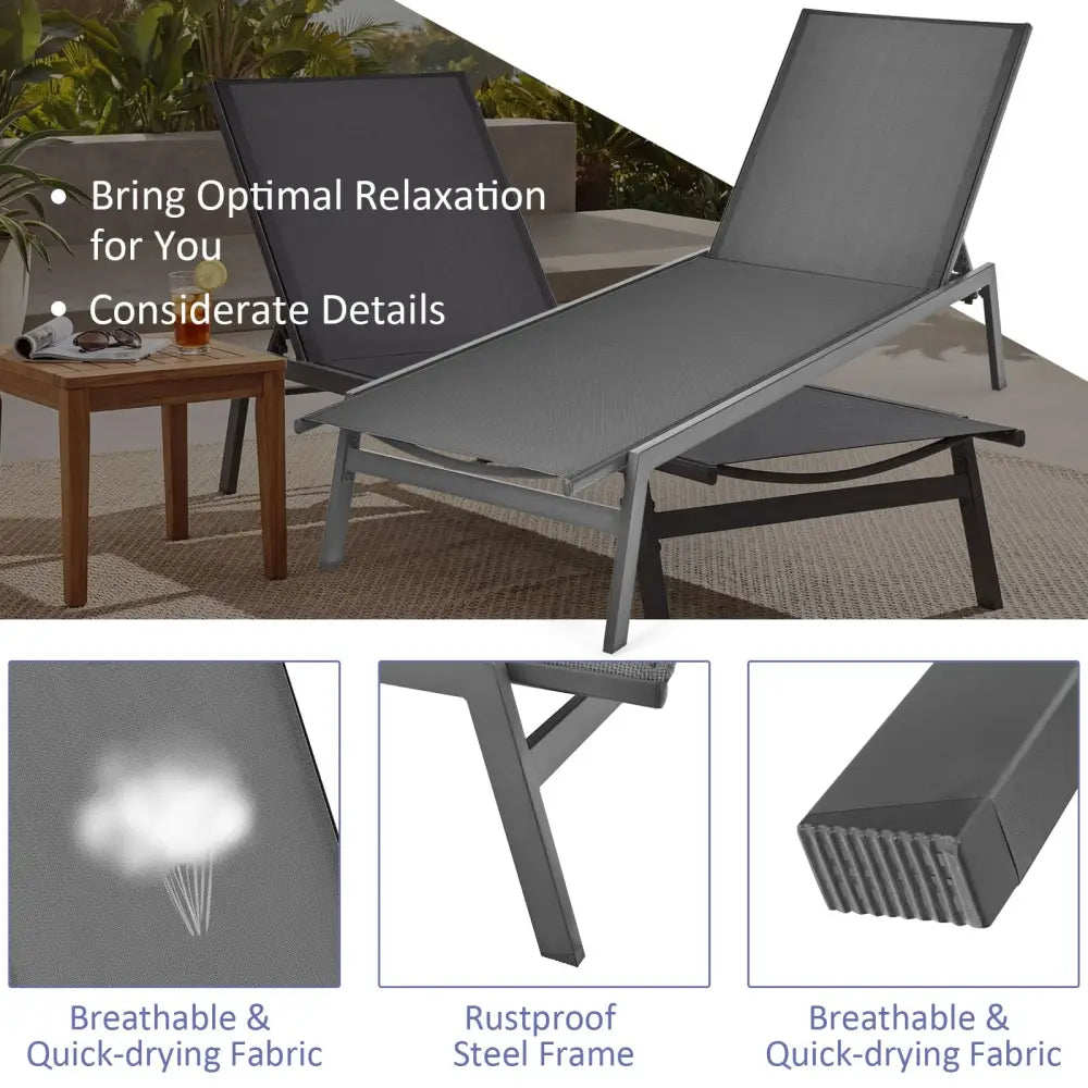 Outdoor Reclining Chaise Lounge Chair with 6-Position Adjustable Back-Gray - Gray - Outdoor Chaise Lounges