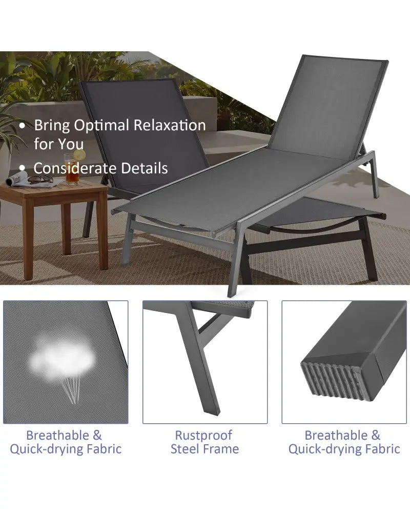Outdoor Reclining Chaise Lounge Chair with 6-Position Adjustable Back-Gray - Gray - Outdoor Chaise Lounges