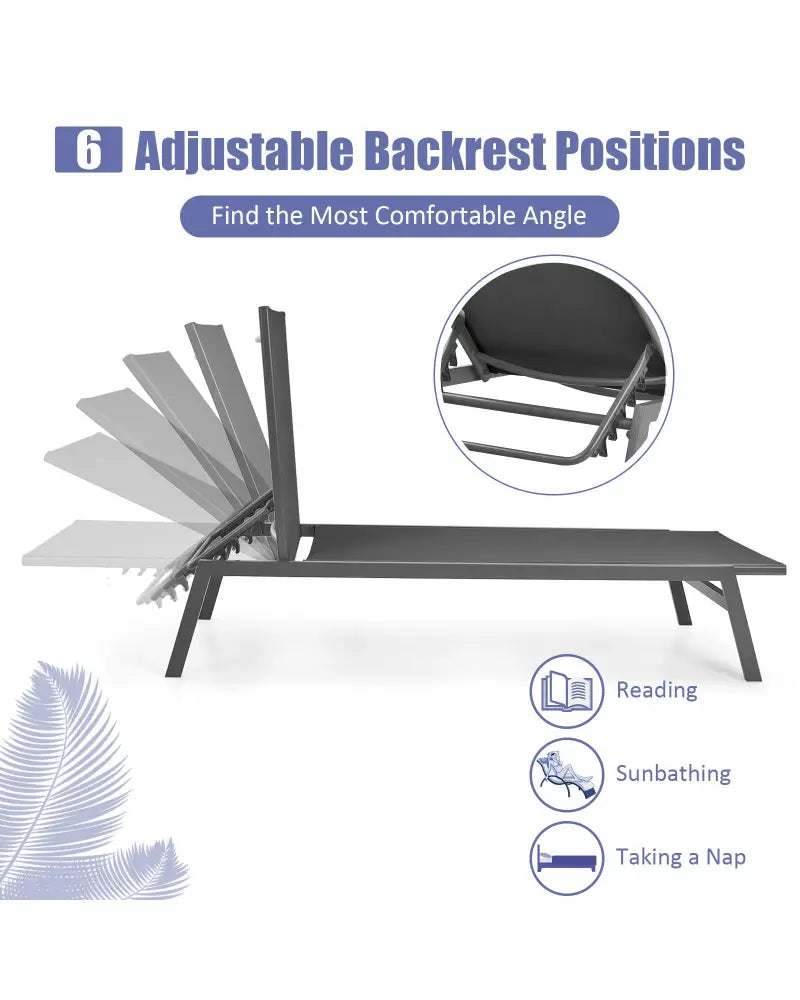 Outdoor Reclining Chaise Lounge Chair with 6-Position Adjustable Back-Gray - Gray - Outdoor Chaise Lounges