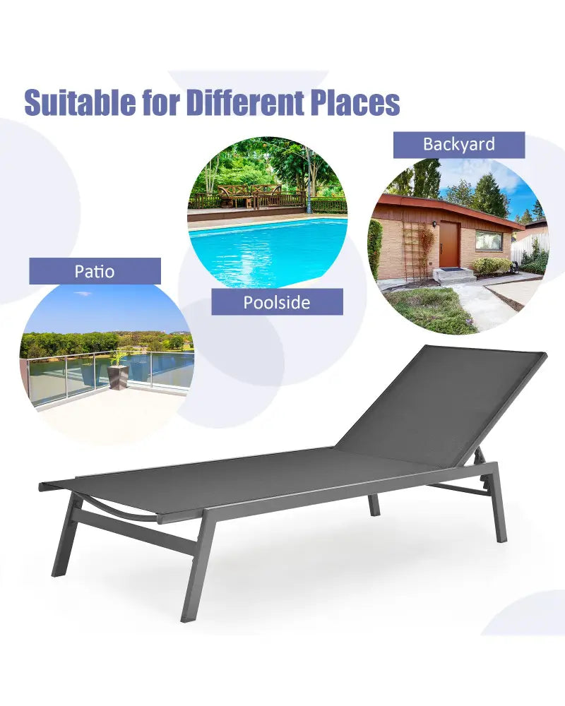 Outdoor Reclining Chaise Lounge Chair with 6-Position Adjustable Back-Gray - Gray - Outdoor Chaise Lounges