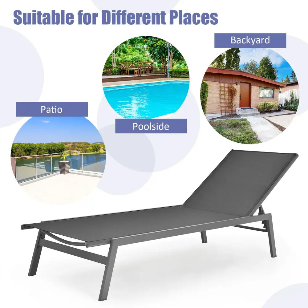 Outdoor Reclining Chaise Lounge Chair with 6-Position Adjustable Back-Gray - Gray - Outdoor Chaise Lounges