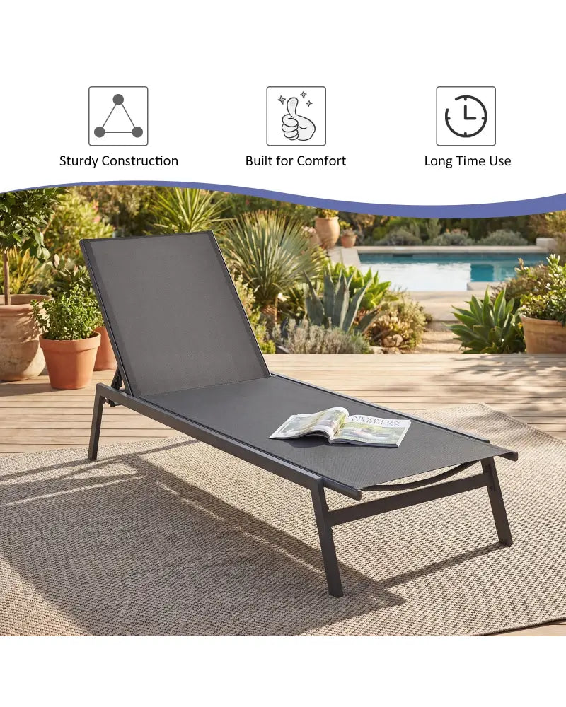 Outdoor Reclining Chaise Lounge Chair with 6-Position Adjustable Back-Gray - Gray - Outdoor Chaise Lounges