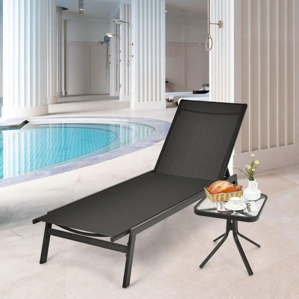 Outdoor Reclining Chaise Lounge Chair with 6-Position Adjustable Back-Black - Black - Outdoor Chaise Lounges