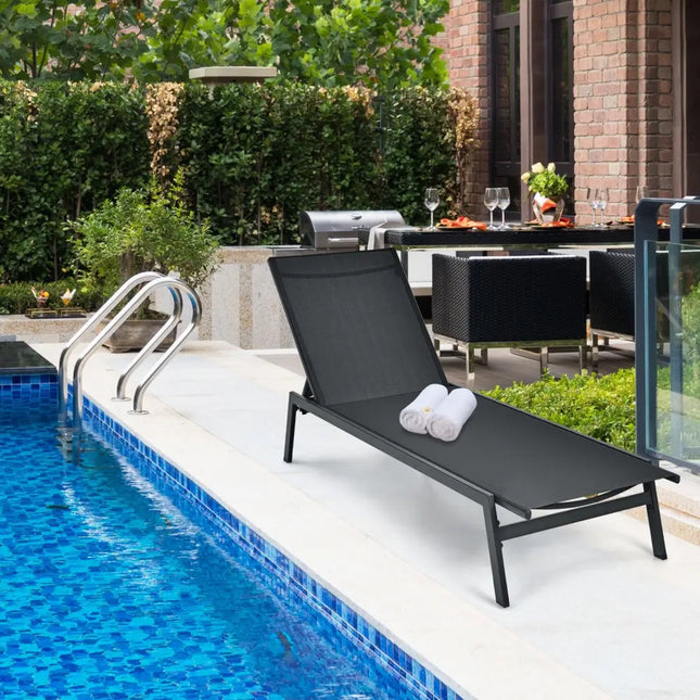 Outdoor Reclining Chaise Lounge Chair with 6-Position Adjustable Back-Black - Black - Outdoor Chaise Lounges