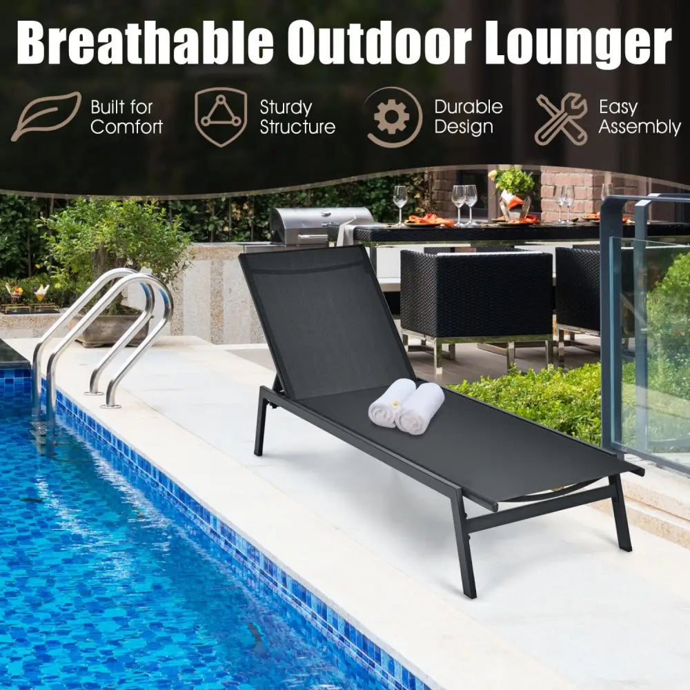 Outdoor Reclining Chaise Lounge Chair with 6-Position Adjustable Back-Black - Black - Outdoor Chaise Lounges