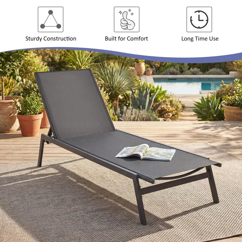Outdoor Reclining Chaise Lounge Chair with 6-Position Adjustable Back-Gray - Gray - Outdoor Chaise Lounges