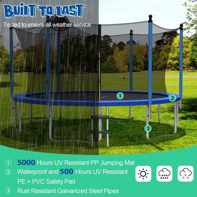 Outdoor Recreational Trampoline with Ladder and Enclosure Net-14 ft - Black - Outdoor Play