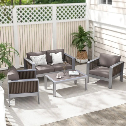 Outdoor Rectangle Coffee Table with Tempered Glass Tabletop for Backyard Poolside-Gray - Gray - Patio Coffee Tables