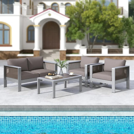 Outdoor Rectangle Coffee Table with Tempered Glass Tabletop for Backyard Poolside-Gray - Gray - Patio Coffee Tables