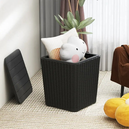 Outdoor Resin Storage Side Table with Removable Lid and Wicker-woven Accent-Black - Black - Coffee Tables