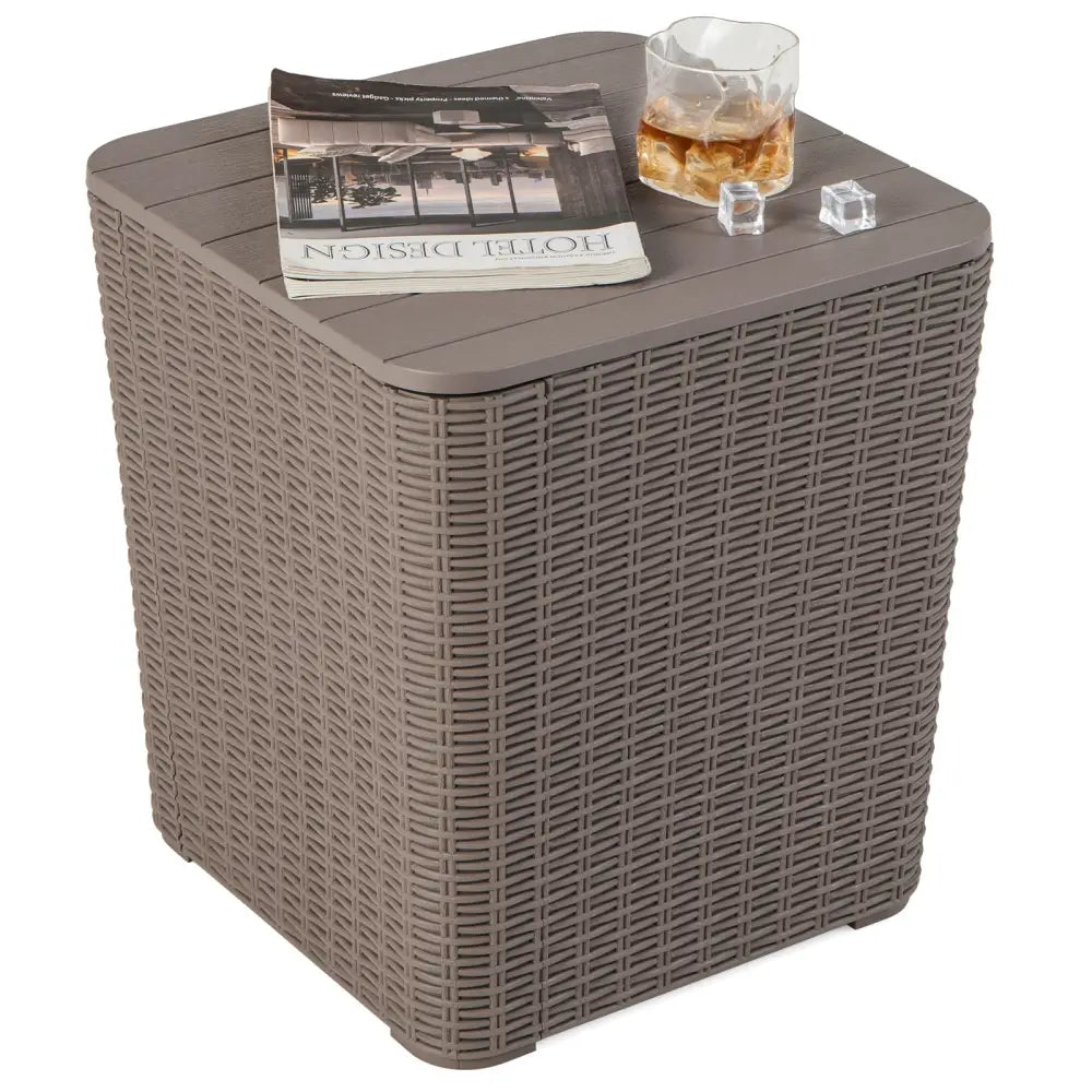 Outdoor Resin Storage Side Table with Removable Lid and Wicker-woven Accent-Coffee - Coffee - Coffee Tables