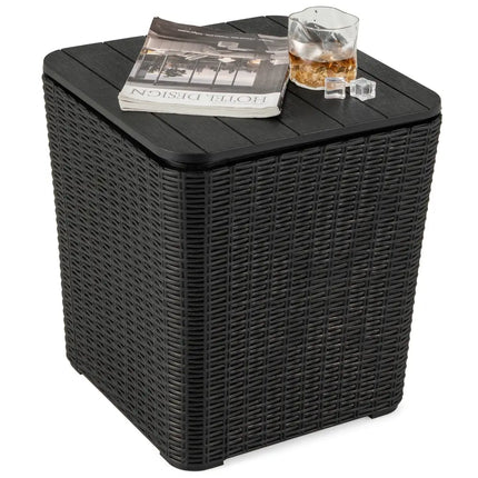 Outdoor Resin Storage Side Table with Removable Lid and Wicker-woven Accent-Black - Black - Coffee Tables