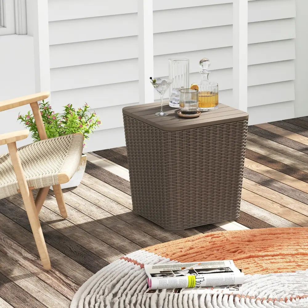 Outdoor Resin Storage Side Table with Removable Lid and Wicker-woven Accent-Coffee - Coffee - Coffee Tables