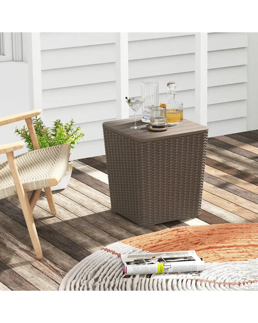 Outdoor Resin Storage Side Table with Removable Lid and Wicker-woven Accent-Coffee - Coffee - Coffee Tables