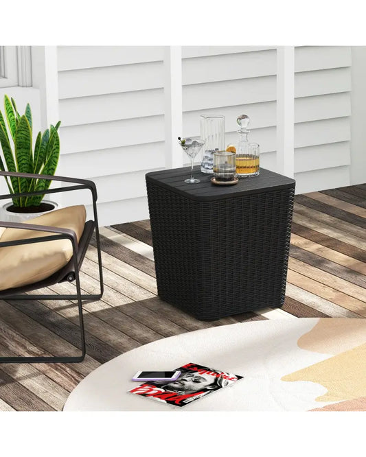 Outdoor Resin Storage Side Table with Removable Lid and Wicker-woven Accent-Black - Black - Coffee Tables