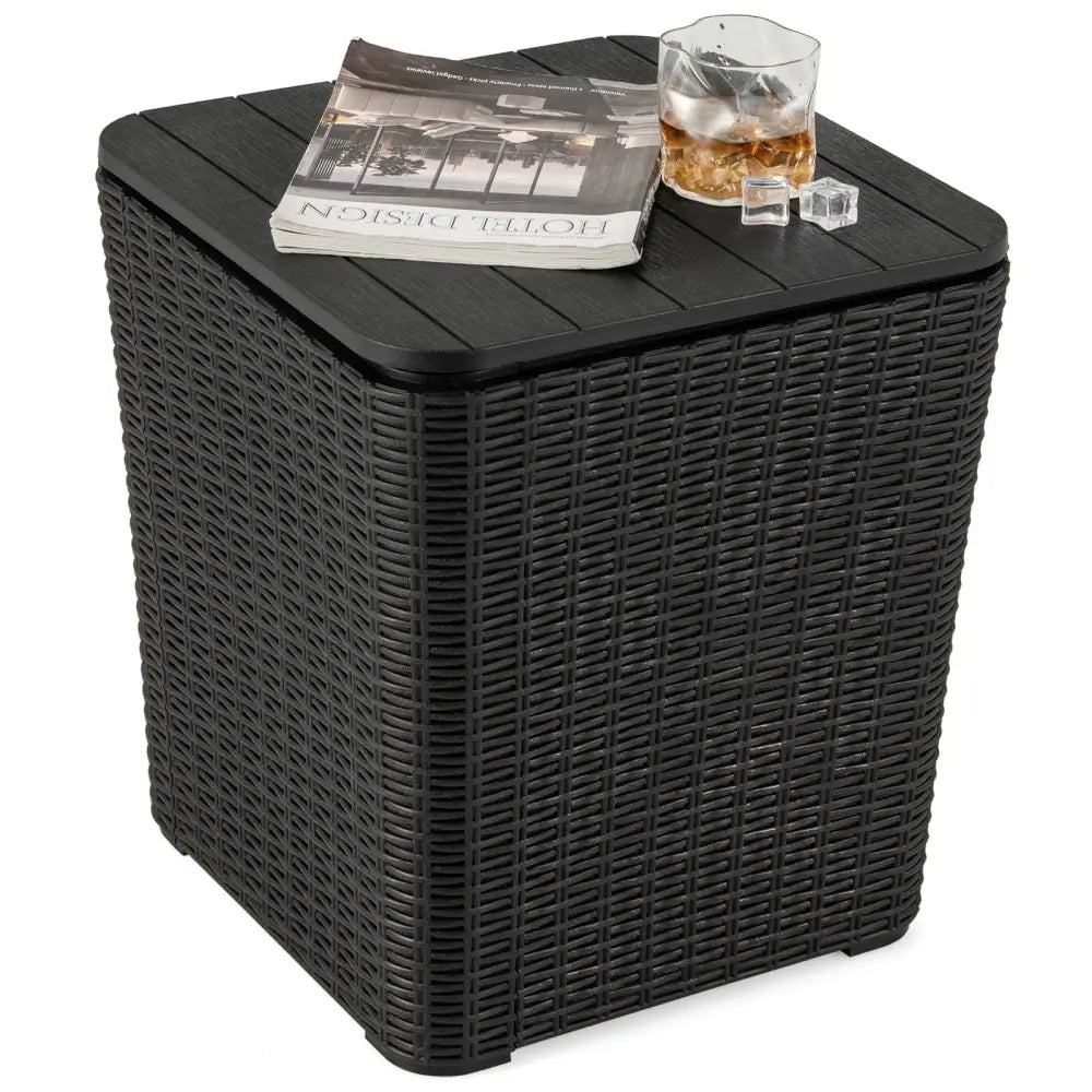 Outdoor Resin Storage Side Table with Removable Lid and Wicker-woven Accent-Black - Black - Coffee Tables