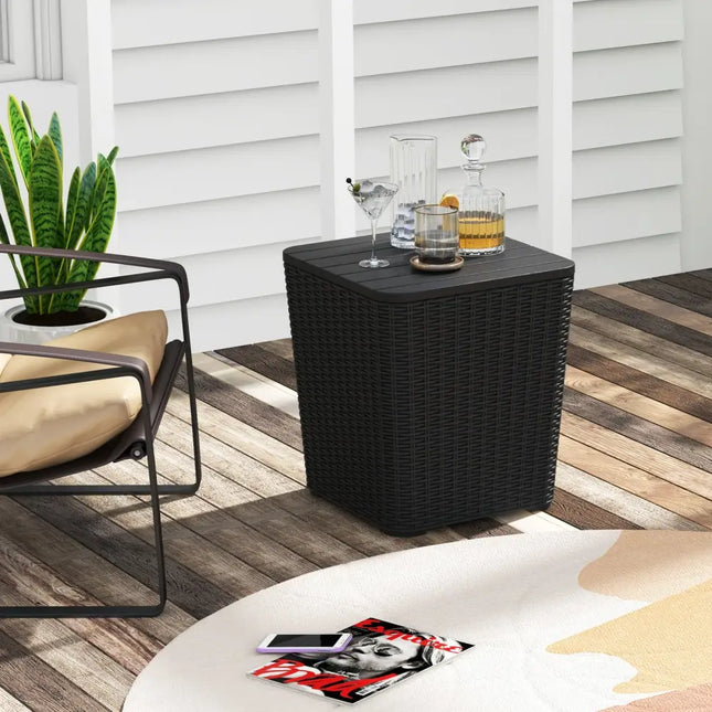 Outdoor Resin Storage Side Table with Removable Lid and Wicker-woven Accent-Black - Black - Coffee Tables