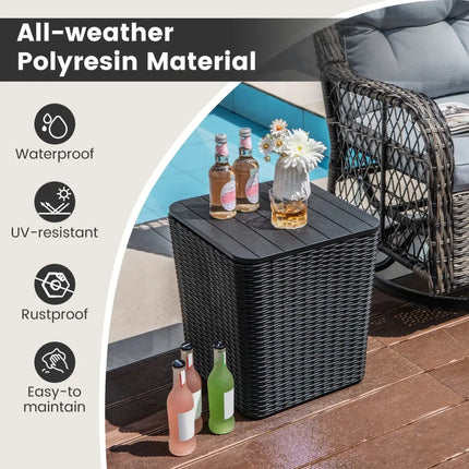 Outdoor Resin Storage Side Table with Removable Lid and Wicker-woven Accent-Black - Black - Coffee Tables