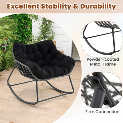 Outdoor Rocking Chair Oversized Patio PE Wicker Egg Chair with Cushion-Black - Black - Patio Rocking Chairs & Gliders