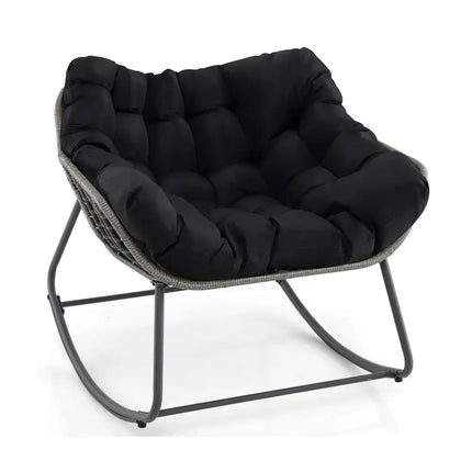 Outdoor Rocking Chair Oversized Patio PE Wicker Egg Chair with Cushion-Black - Black - Patio Rocking Chairs & Gliders
