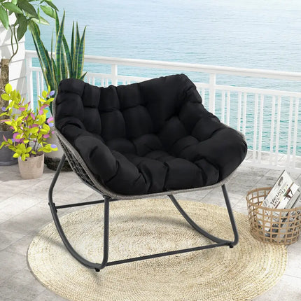 Outdoor Rocking Chair Oversized Patio PE Wicker Egg Chair with Cushion-Black - Black - Patio Rocking Chairs & Gliders
