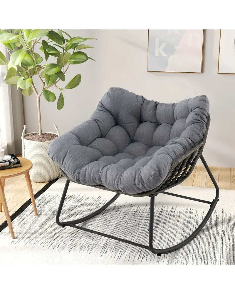 Outdoor Rocking Chair Oversized Patio PE Wicker Egg Chair with Cushion-Gray - Gray - Patio Rocking Chairs & Gliders