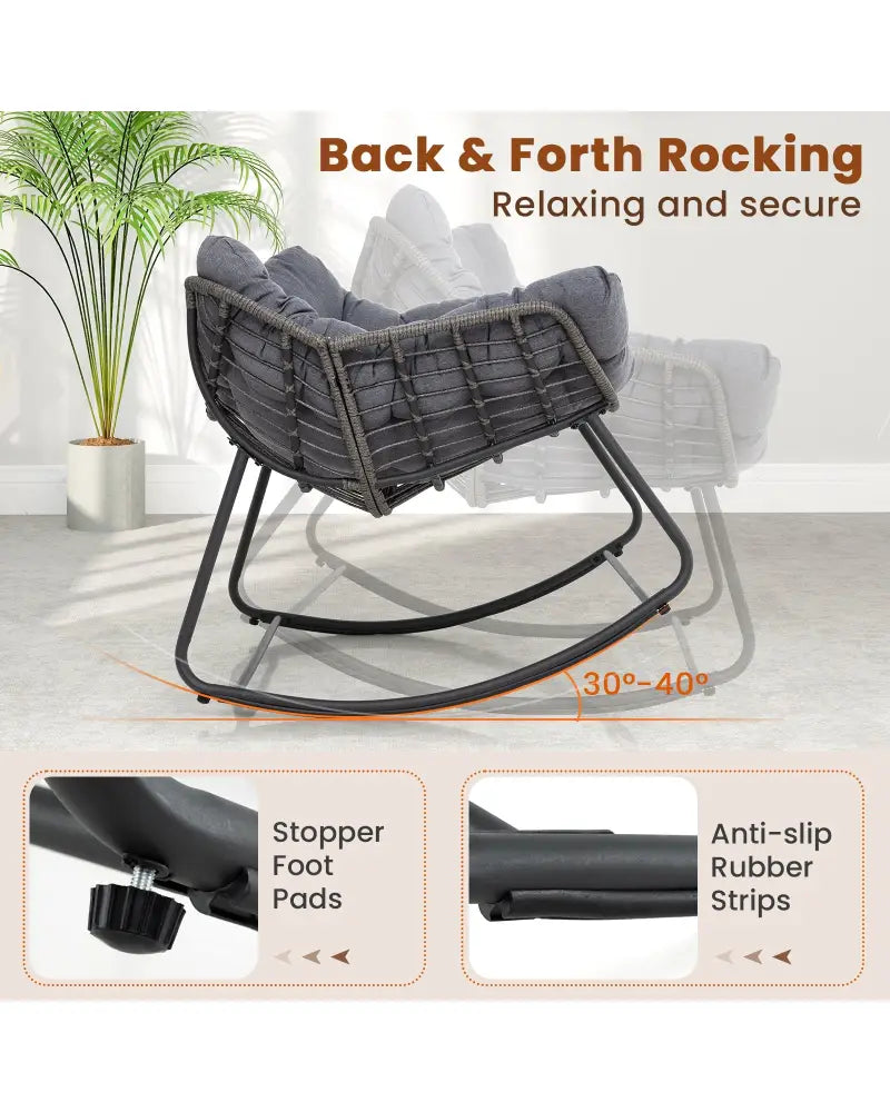 Outdoor Rocking Chair Oversized Patio PE Wicker Egg Chair with Cushion-Gray - Gray - Patio Rocking Chairs & Gliders