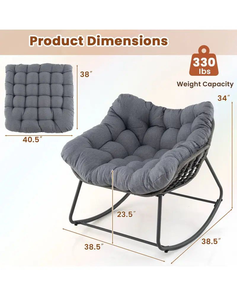 Outdoor Rocking Chair Oversized Patio PE Wicker Egg Chair with Cushion-Gray - Gray - Patio Rocking Chairs & Gliders