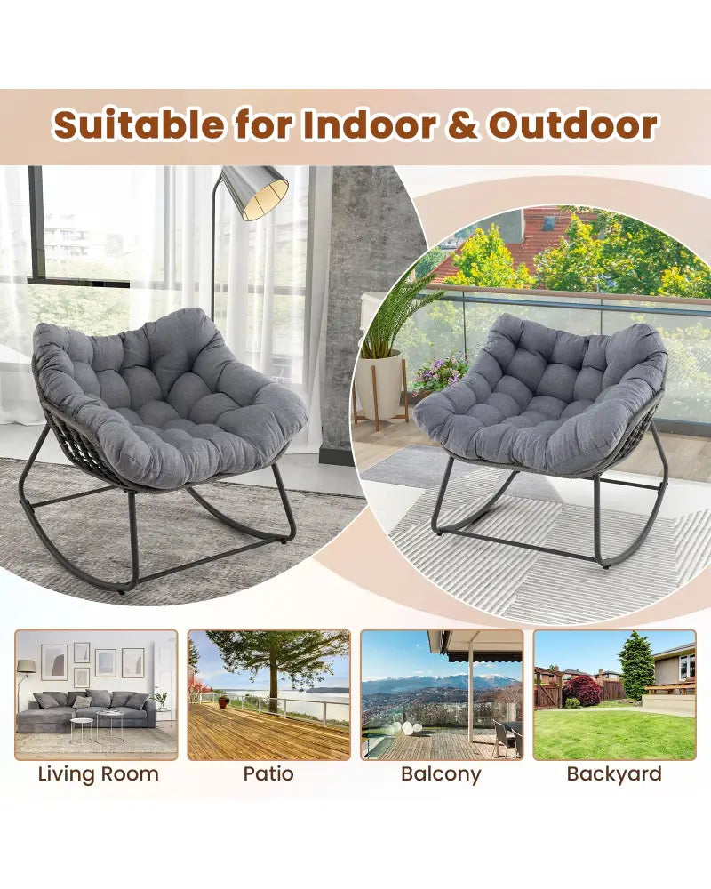 Outdoor Rocking Chair Oversized Patio PE Wicker Egg Chair with Cushion-Gray - Gray - Patio Rocking Chairs & Gliders