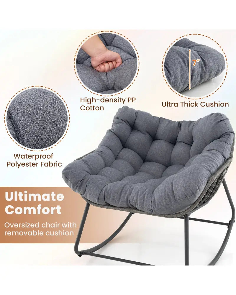 Outdoor Rocking Chair Oversized Patio PE Wicker Egg Chair with Cushion-Gray - Gray - Patio Rocking Chairs & Gliders