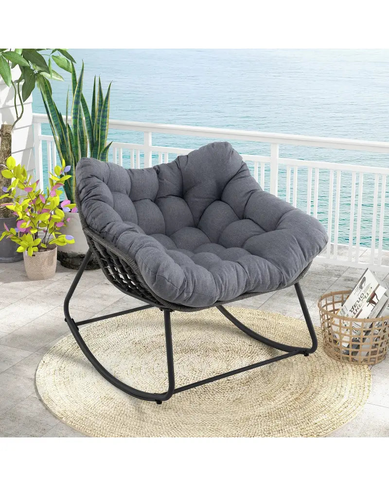 Outdoor Rocking Chair Oversized Patio PE Wicker Egg Chair with Cushion-Gray - Gray - Patio Rocking Chairs & Gliders