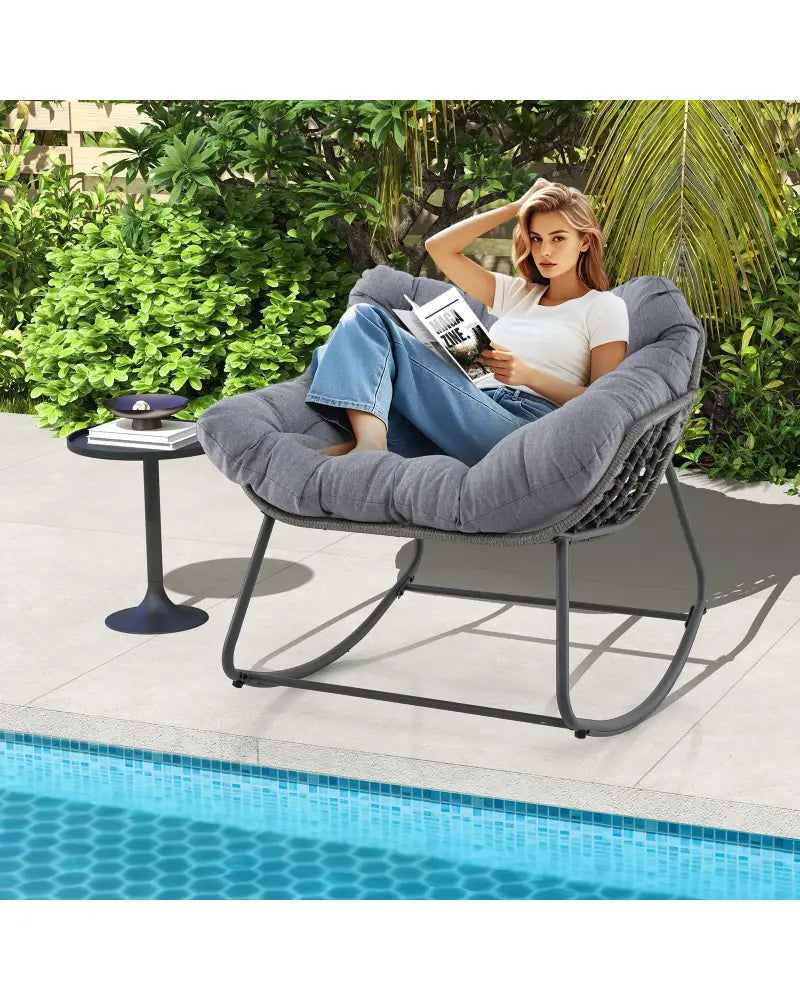 Outdoor Rocking Chair Oversized Patio PE Wicker Egg Chair with Cushion-Gray - Gray - Patio Rocking Chairs & Gliders