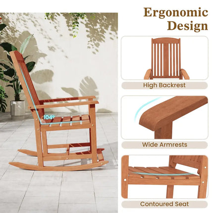 Outdoor Rocking Chair Solid Wood High Back Rocker with Slatted Seat - Natural - Patio Rocking Chairs & Gliders