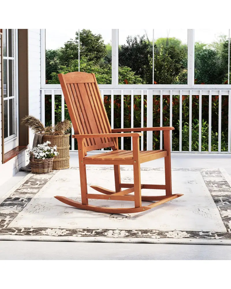 Outdoor Rocking Chair Solid Wood High Back Rocker with Slatted Seat - Natural - Patio Rocking Chairs & Gliders