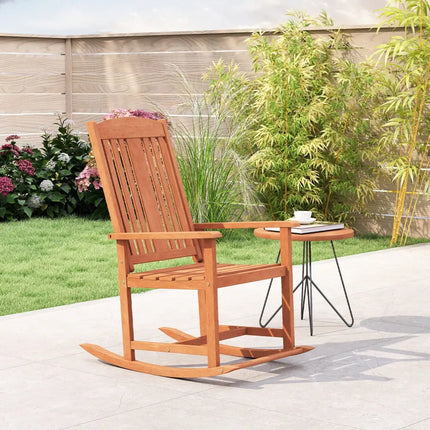 Outdoor Rocking Chair Solid Wood High Back Rocker with Slatted Seat - Natural - Patio Rocking Chairs & Gliders