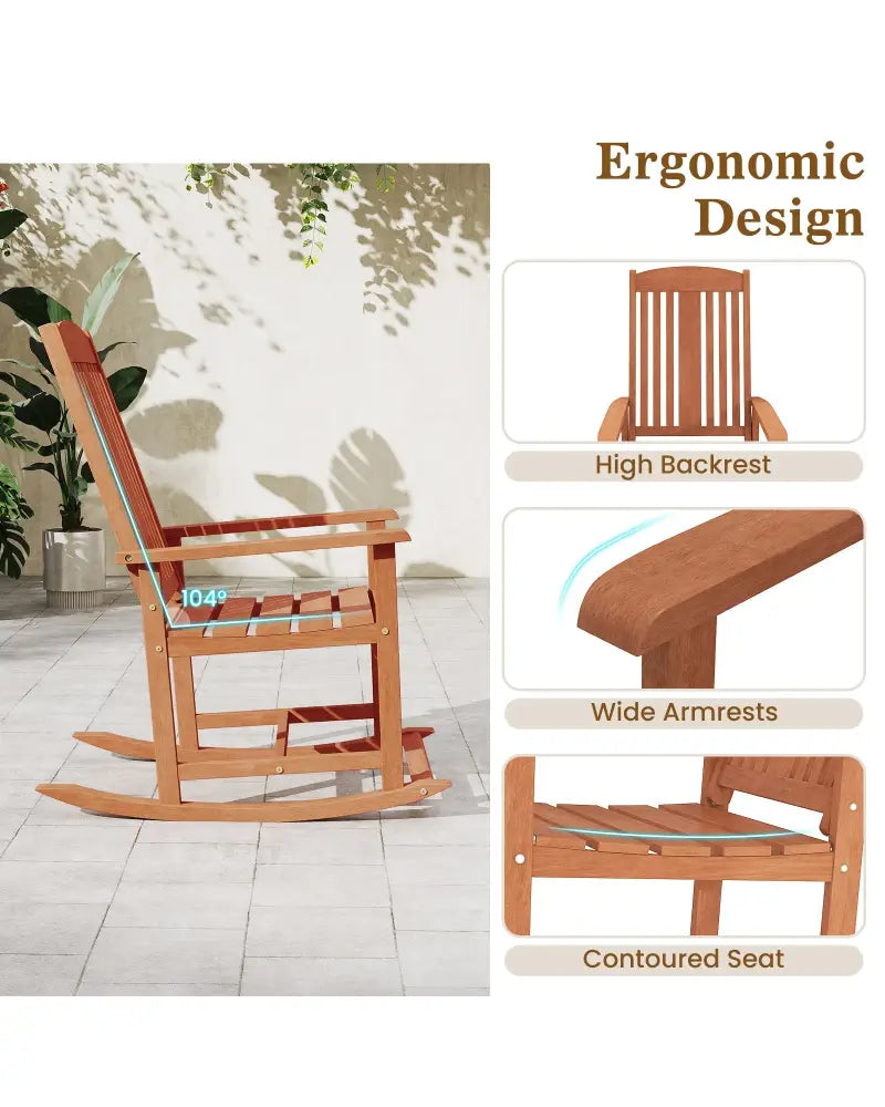 Outdoor Rocking Chair Solid Wood High Back Rocker with Slatted Seat - Natural - Patio Rocking Chairs & Gliders