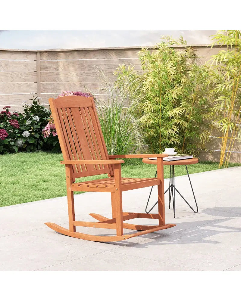 Outdoor Rocking Chair Solid Wood High Back Rocker with Slatted Seat - Natural - Patio Rocking Chairs & Gliders