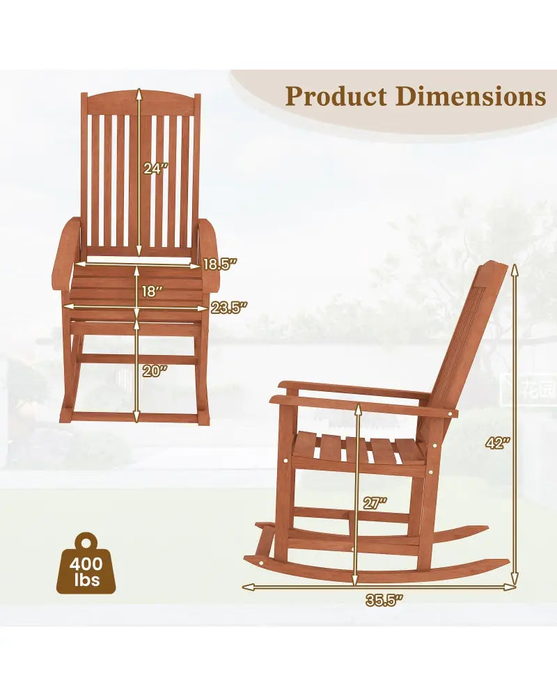 Outdoor Rocking Chair Solid Wood High Back Rocker with Slatted Seat - Natural - Patio Rocking Chairs & Gliders