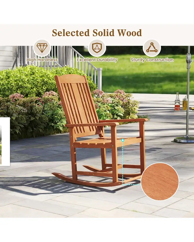 Outdoor Rocking Chair Solid Wood High Back Rocker with Slatted Seat - Natural - Patio Rocking Chairs & Gliders
