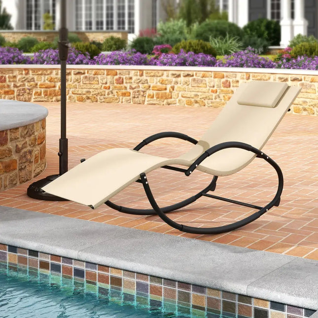 Outdoor Rocking Lounge Chair with Removable Headrest-Beige - Beige - Patio Rocking Chairs & Gliders