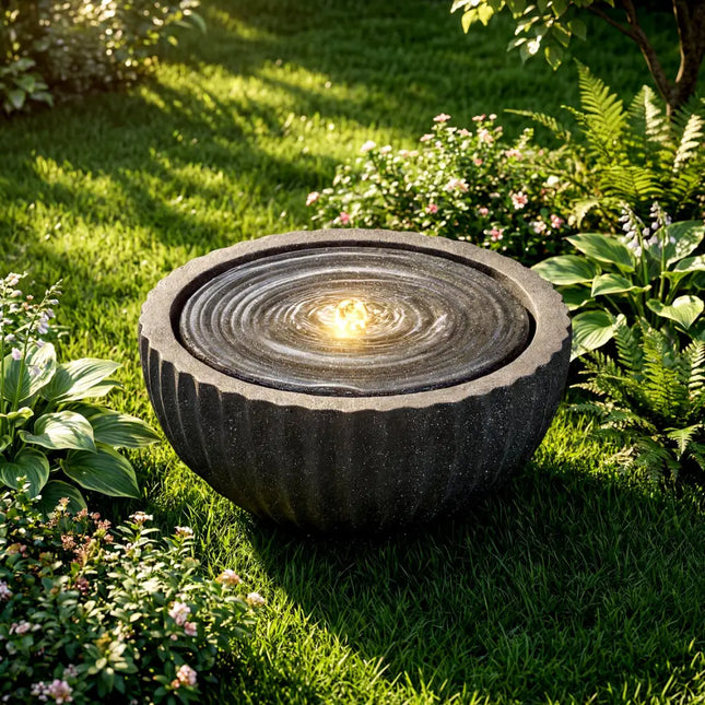 Outdoor Round Sphere Water Fountain with LED Lights and Pump - Gray - Outdoor Decor
