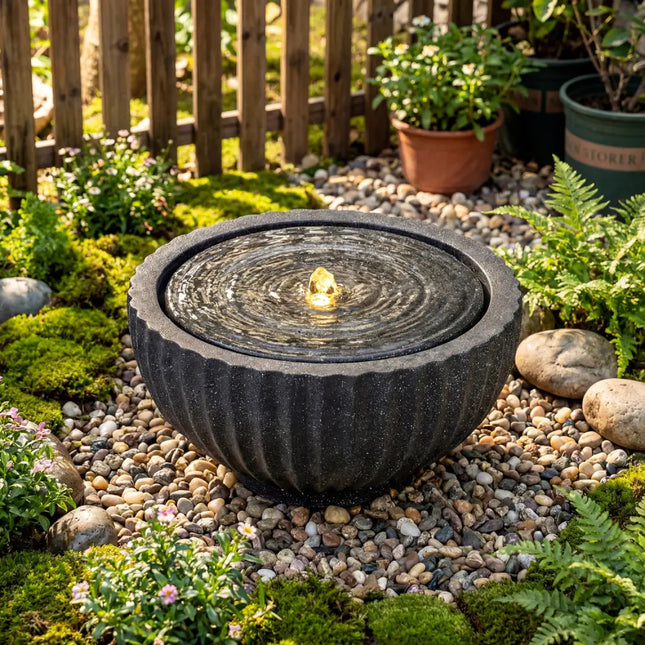 Outdoor Round Sphere Water Fountain with LED Lights and Pump - Gray - Outdoor Decor