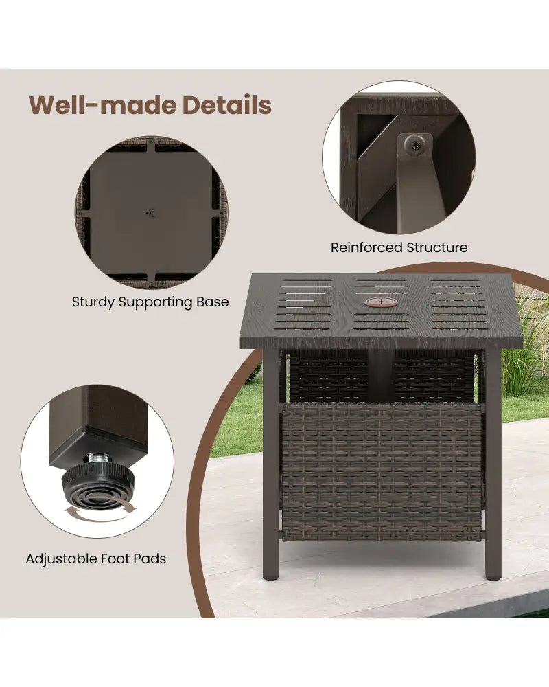 Outdoor Side Table All-Weather PE Wicker Patio Table with Umbrella Hole-Brown - Brown - Patio Coffee Tables
