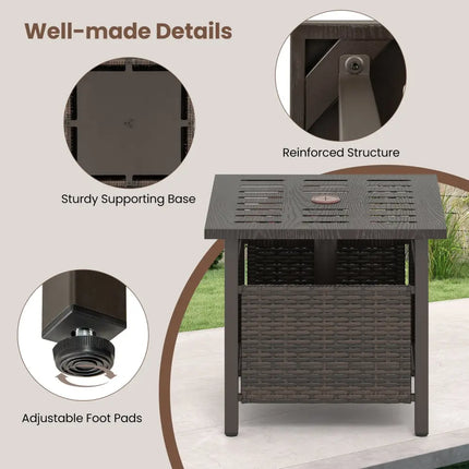 Outdoor Side Table All-Weather PE Wicker Patio Table with Umbrella Hole-Brown - Brown - Patio Coffee Tables