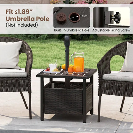 Outdoor Side Table All-Weather PE Wicker Patio Table with Umbrella Hole-Brown - Brown - Patio Coffee Tables